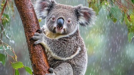 Naklejka premium Rainy Day Koala in Eucalyptus Tree (1)