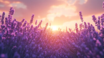 Scenic lavender field at sunset with soft light, peaceful and vibrant, nature at its best, ultra-detailed, 4k