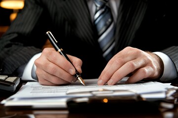 Adult caucasian male signing documents in professional office setting