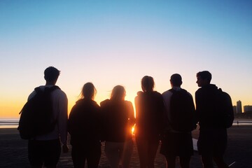 Six friends stand together silhouetted against a breathtaking sunset at the beach, capturing the essence of joy, unity, and the beauty of shared experiences in nature.