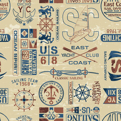 East coast nautical sailing badges and typography elements vintage vector seamless pattern for fabric print tablecloth pillow wallpaper wrapping