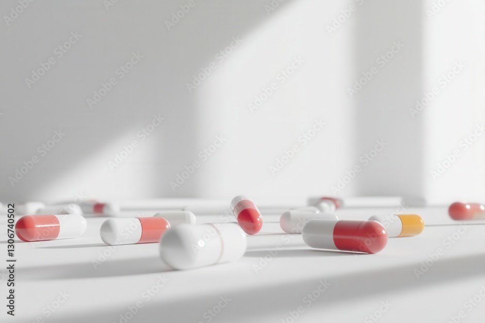 Leinwandbilder Colorful capsules scattered on a minimalistic white background with realistic lighting and artistic composition Generative AI