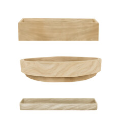 Set of wooden trays and boxes, round bowl made of wood. Watercolor digital illustration. Rectangular brown tray isolated on white background. Kitchen, bathroom, home interior theme.