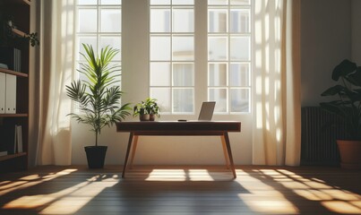 Serene minimalist room with a single sleek desk, potted plants, and natural light streaming through large windows