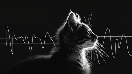 Black and White Cat Silhouette with Soundwave Graphic Background