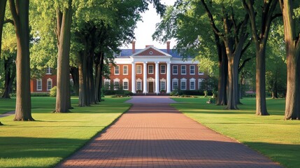 Serene pathway leading to a grand brick mansion surrounded by lush green trees and grass