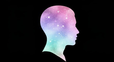 Obraz premium Silhouette of human head filled with colorful stars and galaxy on black background