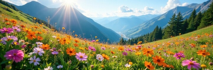 Fototapeta premium Wildflower tapestry blankets a sun-drenched mountain slope , field, summer
