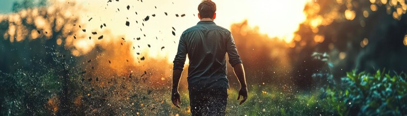 Man Walking Towards a Bright Sunset with Leaves in Motion