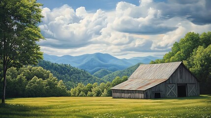 Fototapeta premium green rolling hills with rustic barn showing scenic rural nature and peaceful countryside concept scene