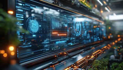 Futuristic Sustainable Tech Data Interface with Green Plants and Charts