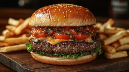 delicious cheeseburger with lettuce and tomato on a wooden plate with fries