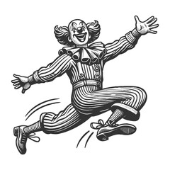 clown in mid-jump, wearing a classic costume with ruffles, buttons, and exaggerated shoes sketch engraving generative ai vector illustration. Scratch board imitation. Black and white image.