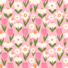 Spring seamless pattern with hand drawn flowers