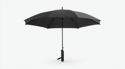 A black umbrella, open, isolated on white background.