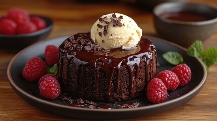 delicious chocolate lava cake with ice cream and chocolate syrup on plate
