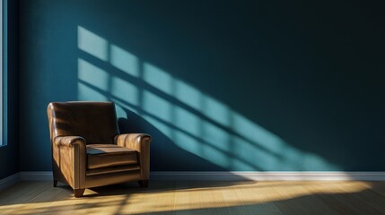 Fototapeta premium A leather chair sits in a room with shadowed wall and light