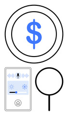 Dollar sign in circle, smart device with brightness and AC controls, magnifying glass. Ideal for finance, smart tech, budget planning, automation, search, control flat simple metaphor