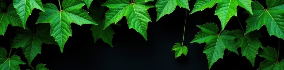 Lush green ivy leaves, intricate details, black backdrop, jungle, graphic, spring