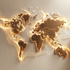 Golden Liquid World Map: Elegant Metallic Continents Glowing Global Connectivity Design