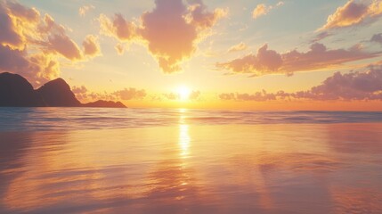 Fototapeta premium Scenic sunset over beach with calm waves, golden sky, and reflection, serene and peaceful, ultra-detailed, 4k