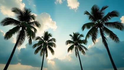 Majestic coconut palms stand tall under a dramatic cloudy sky , horizon, plant life, tropical landscape
