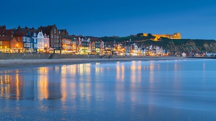 Obraz premium Twilight coastal town, beach reflection, castle backdrop, tourism