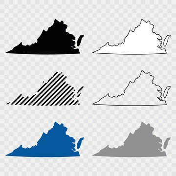 Virginia Map Black, State Border, United States, US America, Transparent Isolated, Variations. Vector. Map of the U.S. state Virginia