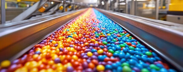 Vibrant rainbow candy flowing on a modern factory conveyor belt. A mesmerizing spectacle of sugary delights!