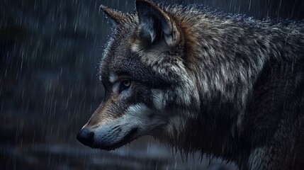 Fototapeta premium Rain-soaked Wolf in Dark Forest