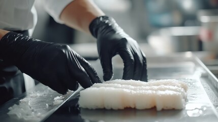 A chef carefully prepares food with black gloves on