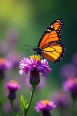 Fototapeta premium Monarch butterfly nectaring on vibrant purple wildflowers , art, image, vibrant