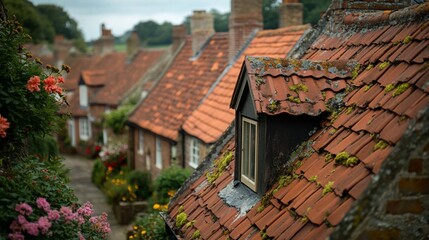 Obraz premium Village rooftops, dormer window, flowers, street, England, tourism