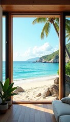 Obraz premium New beachfront home framing, stunning ocean view, structure, project, home