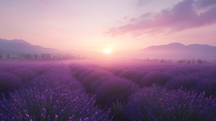 Scenic view of lavender fields at sunrise, soft purple hues and misty sky, peaceful and calm, ultra-detailed, 4k