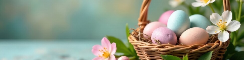 Pastel eggs nestled in a woven basket, delicate spring blossoms nearby , peace, design