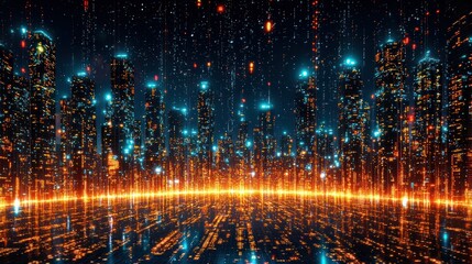 Fototapeta premium Futuristic Metropolis Displaying Complex Networked Data Visualizations At Night