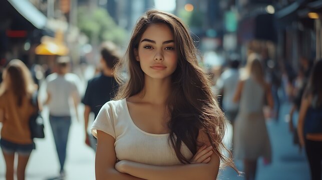 attractive young woman posing in crowded sidewalk showing confident serious mood and trendy street lifestyle concept scene