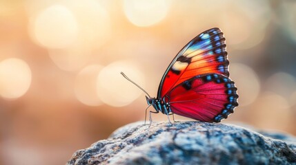 Obraz premium Vibrant butterfly perched on a rock with a blurred colorful background during sunset