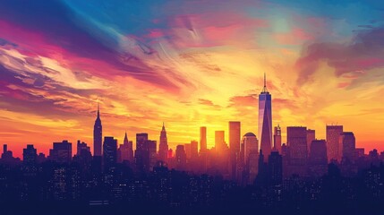 Colorful depiction of a large urban city skyline at sunset