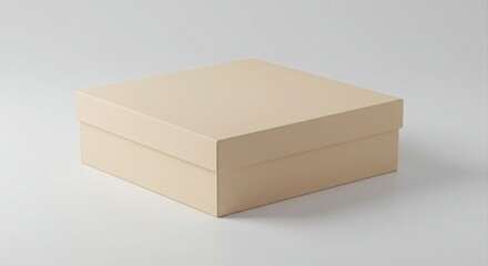 Empty beige box sits neatly on a plain surface.