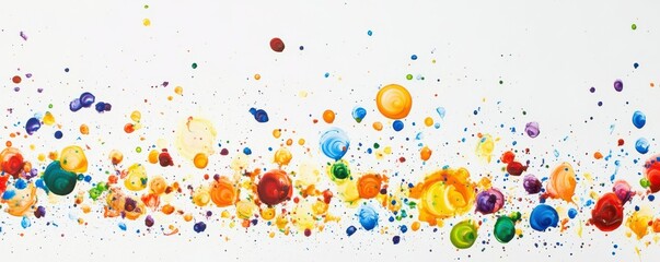 Vivid splash of colorful paint droplets in midair against white background.