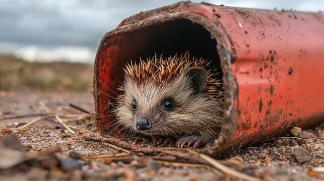 Small hedgehog peeking out of a red pipe. the pipe appears to be old and weathered, with peeling paint and rust visible on its surface.