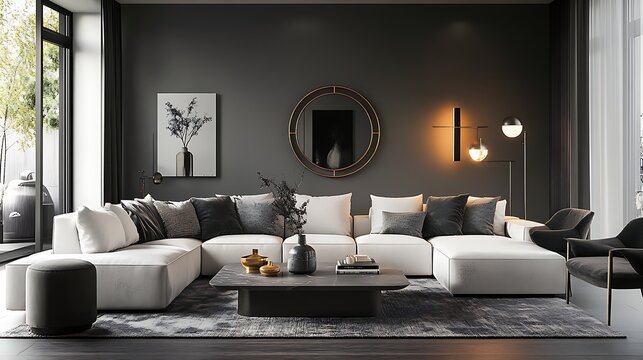 Stylish black Apartment Living Room with Comfortable Sofa, T-Table, Elegant Luxury Living Room