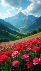 Fototapeta premium Rolling hills of carnations, dramatic mountain backdrop , travel, scenic