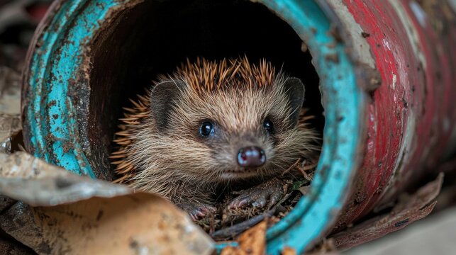 Small hedgehog peeking out of a blue and red pipe. the pipe appears to be old and weathered, with peeling paint and rust visible on the surface.