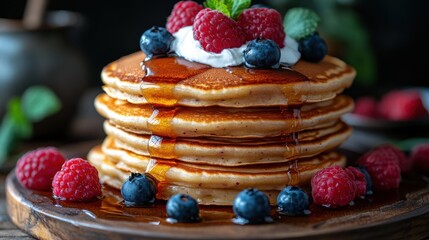 delicious pancakes stacked high adorned with fresh raspberries blueberries whipped cream and drizzled syrup all set atop a rustic wooden table in a warm cozy atmosphere