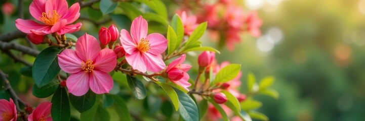 Obraz premium Tangerine tree in full bloom with pink flowers and green leaves, pink, botanical, tree