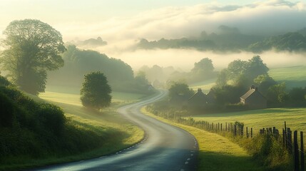 Fototapeta premium Winding road, sunrise mist, rural valley, idyllic landscape, travel poster
