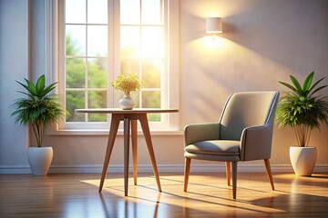 Modern room setting: elegant chair, stylish table, and impeccable home decor in a stunning still life photograph.